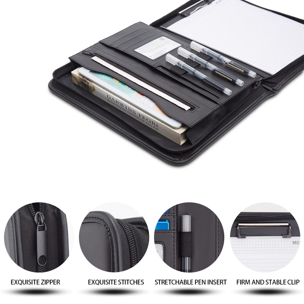 Leathario Portfolio, A4 Padfolio with Notepad, Vegan Leather Document Holder Organizer, Business Leather Folder with Pockets for Tablets Notepads Files, Office Supplies