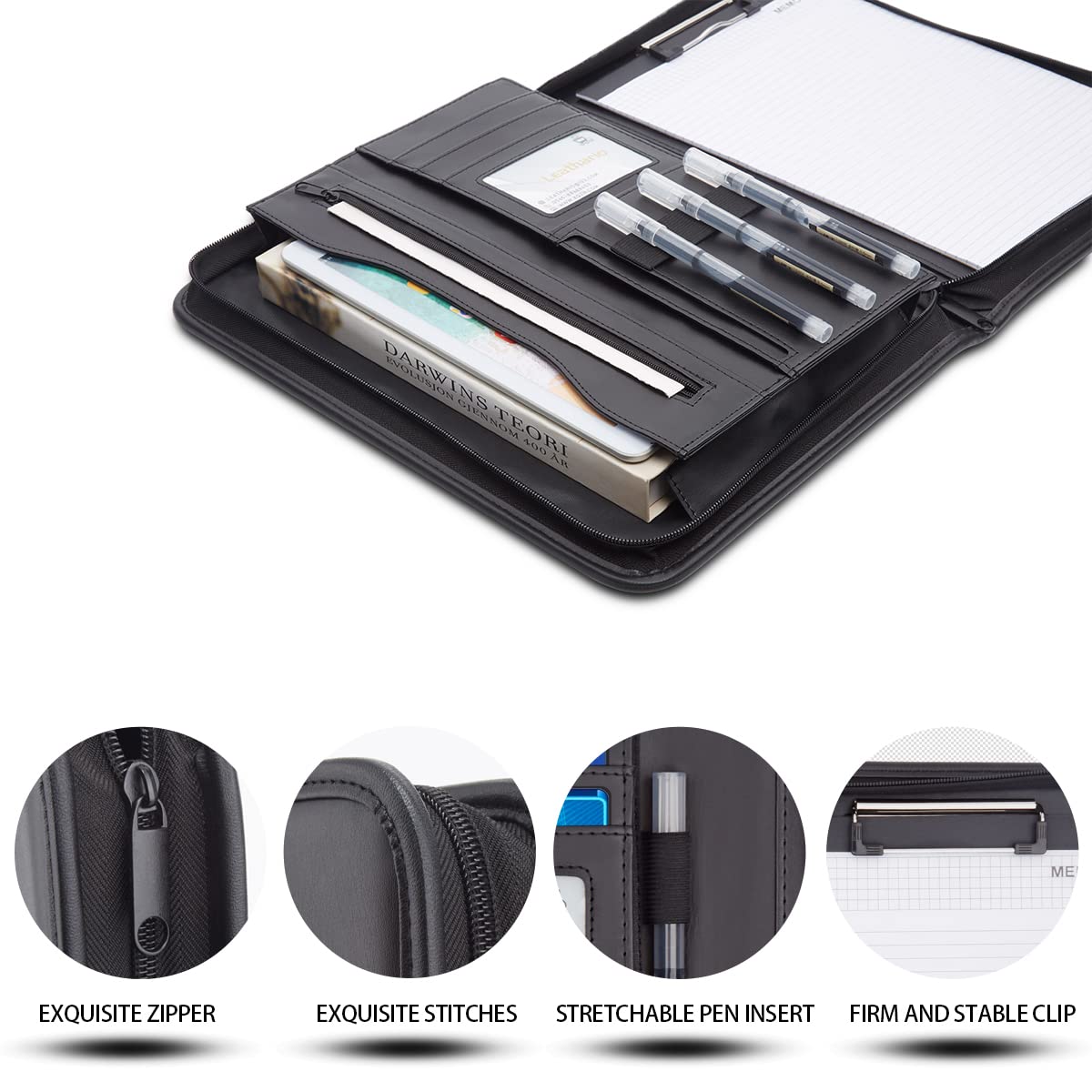 Leathario Portfolio, A4 Padfolio with Notepad, Vegan Leather Document Holder Organizer, Business Leather Folder with Pockets for Tablets Notepads Files, Office Supplies