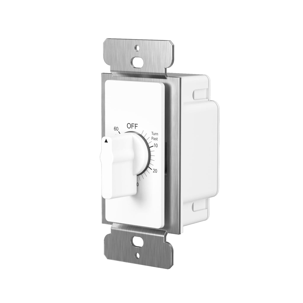 BN-LINK Heavy Duty 60-Minute in-Wall Spring Wound Countdown Timer Switch for Lights, Mechanical Switch Timer for Bathroom Exhaust Fan, No Neutral Wire Required, 2 Wall Plate(White and Silver Metallic)