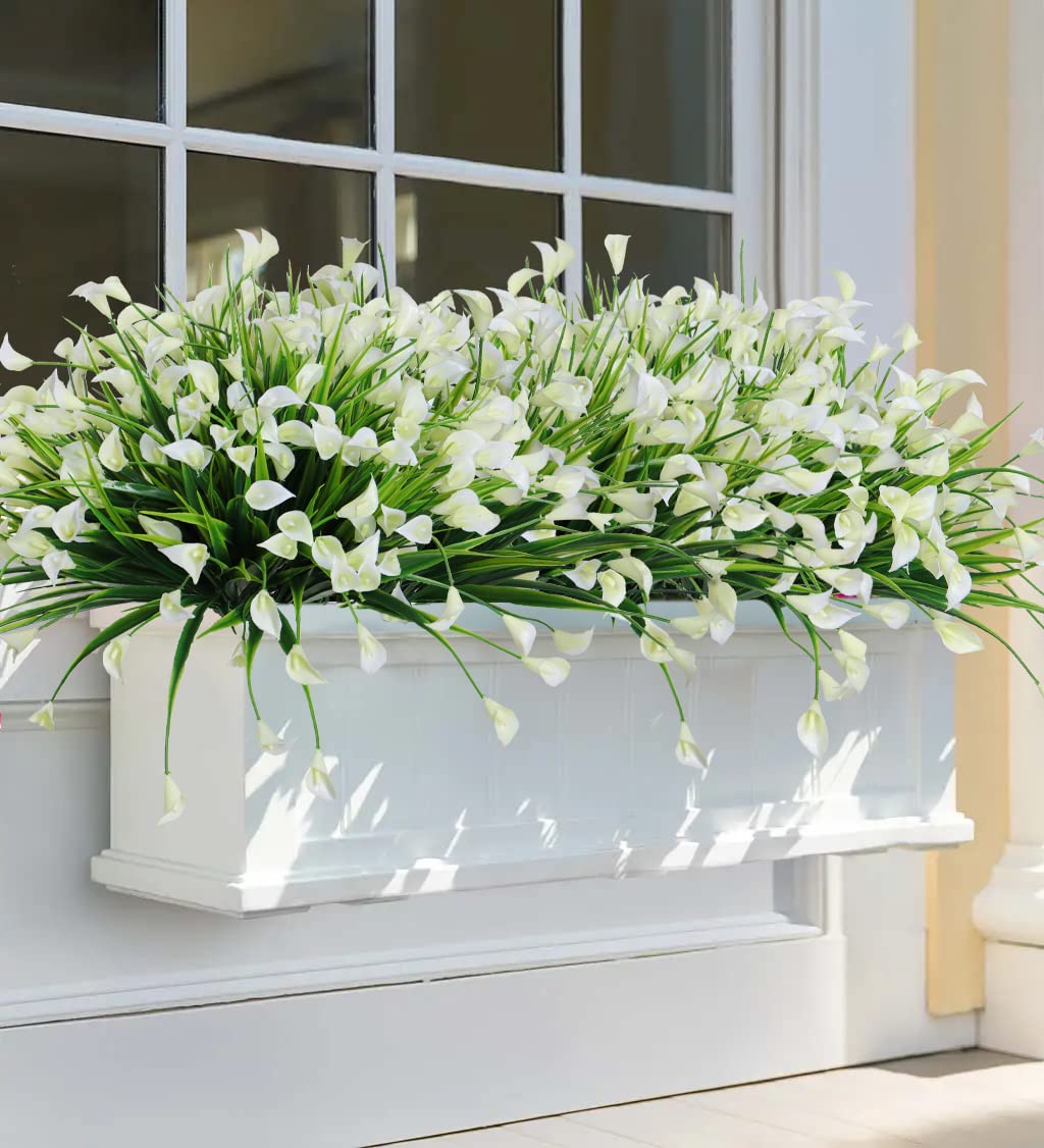 SOMYTING Artificial Flowers Outdoors UV Resistant Faux Flowers Plastic Calla Lily Flowers Plants for Outside Hanging Planters Window Porch Home Garden Decoration (White, 16PCS)