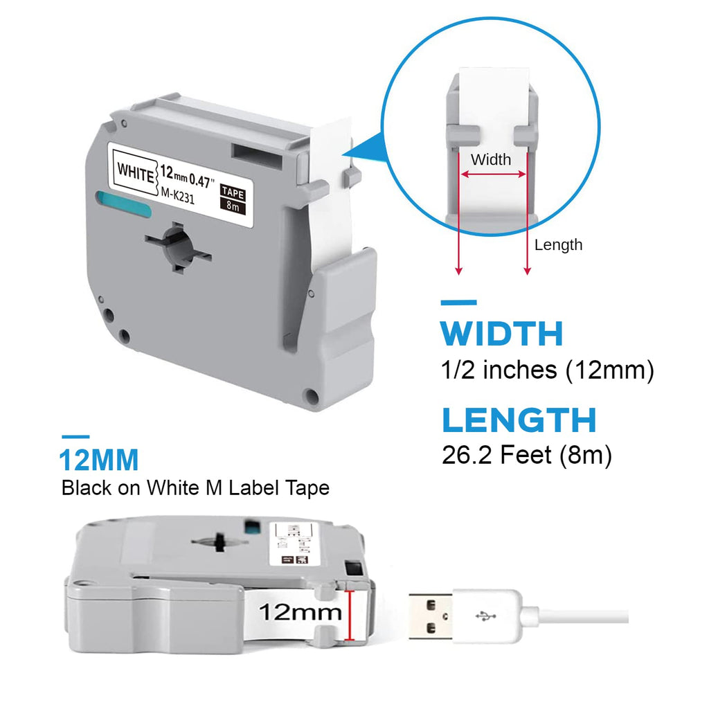 Ptouch M-K231 M-K231s Label Tape Compatible for Brother P-Touch M Tape 12mm 0.47 inch MK231 MK 231 Black on White for Brother Ptouch PT-M95 PT-70BM PT-65 PT-90 PT-70 PT-80 PT-85 Label Maker,5-Pack