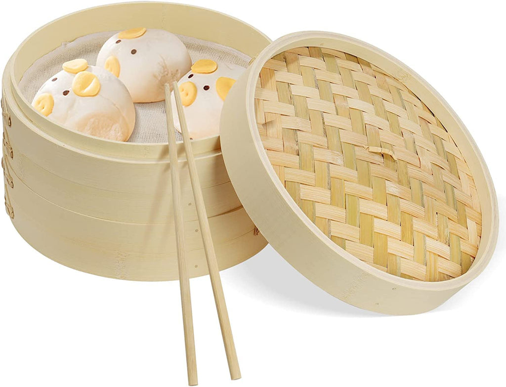 Natural Bamboo Steamer Basket,2 Tier Food Pot Basket Cooker,Chinese Food Steamer,Asian Style Cookware,Great for Dumplings, Vegetables, Chicken, Fish, Dim Sum (10 Inches)