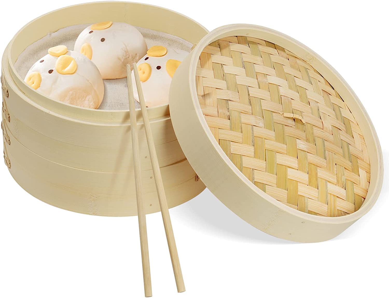 Natural Bamboo Steamer Basket,2 Tier Food Pot Basket Cooker,Chinese Food Steamer,Asian Style Cookware,Great for Dumplings, Vegetables, Chicken, Fish, Dim Sum (10 Inches)
