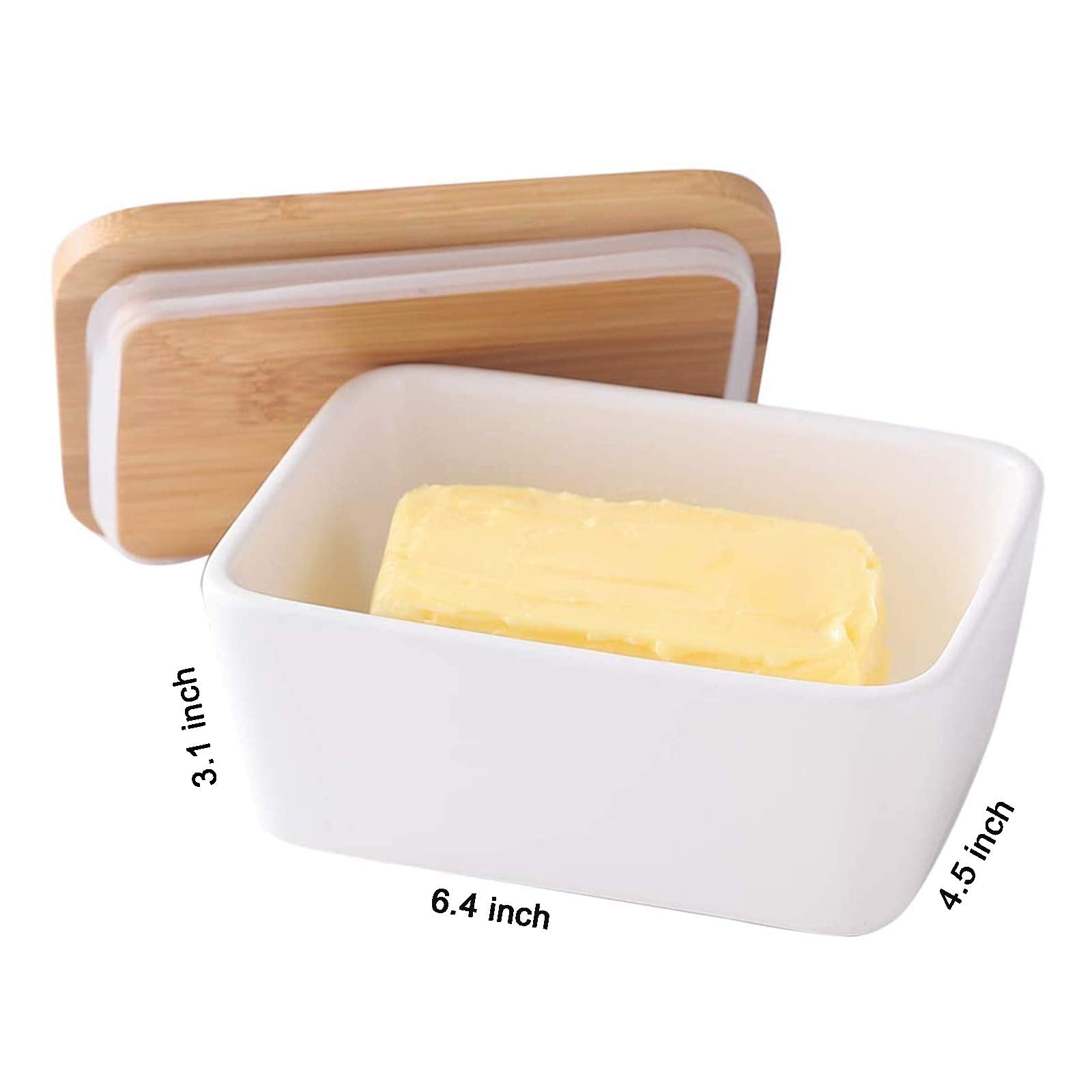 HPYNPES Large Ceramic Butter Dish with Lid and Natural Oak Wood Cover for Kitchen Decor and Accessories for Kitchen Gift, White