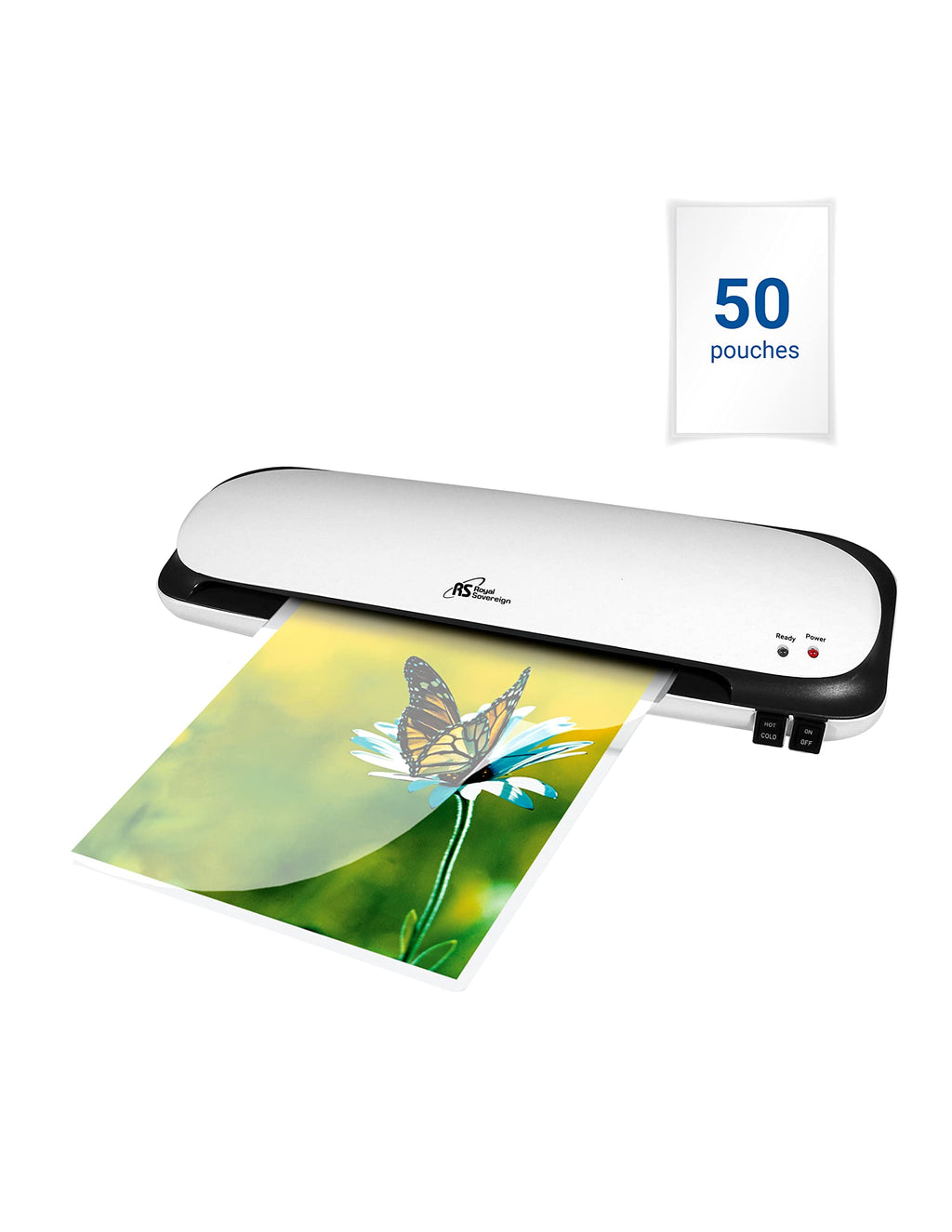 9" Thermal Pouch Laminator with 50 Assorted Pouches, 3 to 5 Mil Hot and Cold Settings, 3-5 Minute Warm-Up, and Anti-Blockage System for Home or Office Documents, Photos, and ID Cards, White