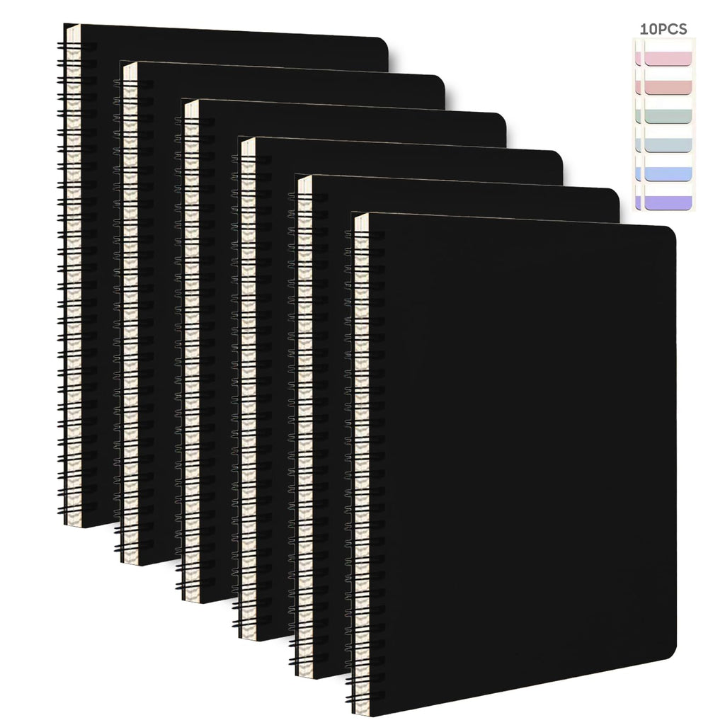 6Pack Spiral Notebook with 10pcs Sticky Tabs,A5 Lined Notebooks120 Pages,Hardcover Notebook for Women Men,Coil Notepad,5.5" x 8.3",Lined Paper for Work, School,Office（Black）