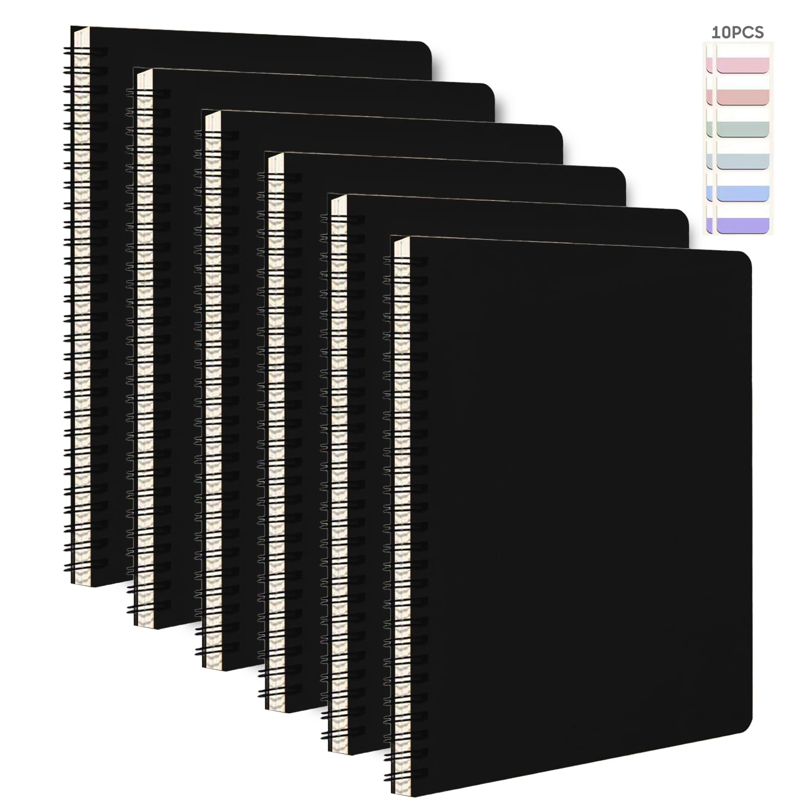 6Pack Spiral Notebook with 10pcs Sticky Tabs,A5 Lined Notebooks120 Pages,Hardcover Notebook for Women Men,Coil Notepad,5.5" x 8.3",Lined Paper for Work, School,Office（Black）