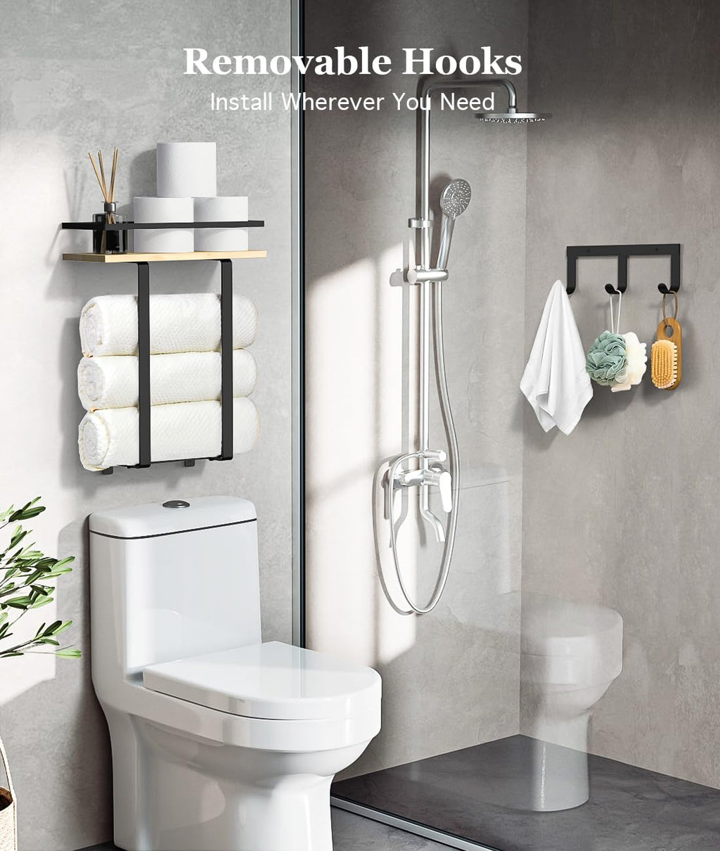 Luxspire Towel Racks for Bathroom Wall Mounted, Towel Holder Wall Mounted with Wooden Floating Shelf & 3 Metal Hooks, Rolled Towel and Hand Towel Rack for Bathroom, Black + Wood
