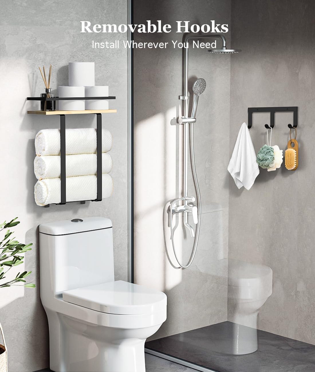 Luxspire Towel Racks for Bathroom Wall Mounted, Towel Holder Wall Mounted with Wooden Floating Shelf & 3 Metal Hooks, Rolled Towel and Hand Towel Rack for Bathroom, Black + Wood