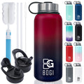 BOGI 32oz Insulated Water Bottle, Double Wall Vacuum Stainless Steel Water Bottle with Straw and 3 Lids, Sweat-Proof Wide Mouth Metal Water Bottle Keeps Hot or Cold for Sports Gym Office (Dark Red)