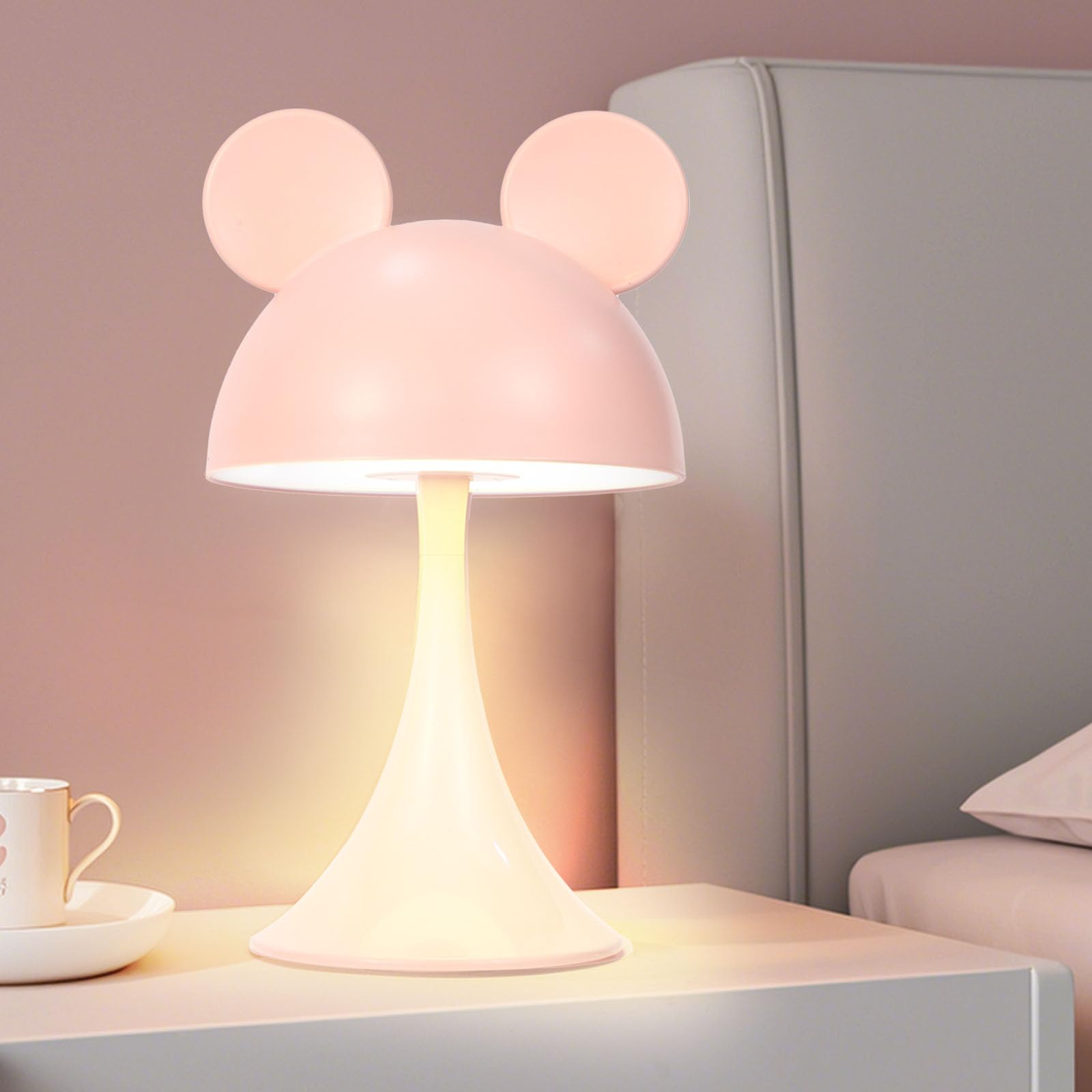 MARZIUS Rechargeable Mouse-Shaped LED Bedside Lamp – Kids Room Night Light with Touch Dimming & 3 Color Temperatures (Pink)
