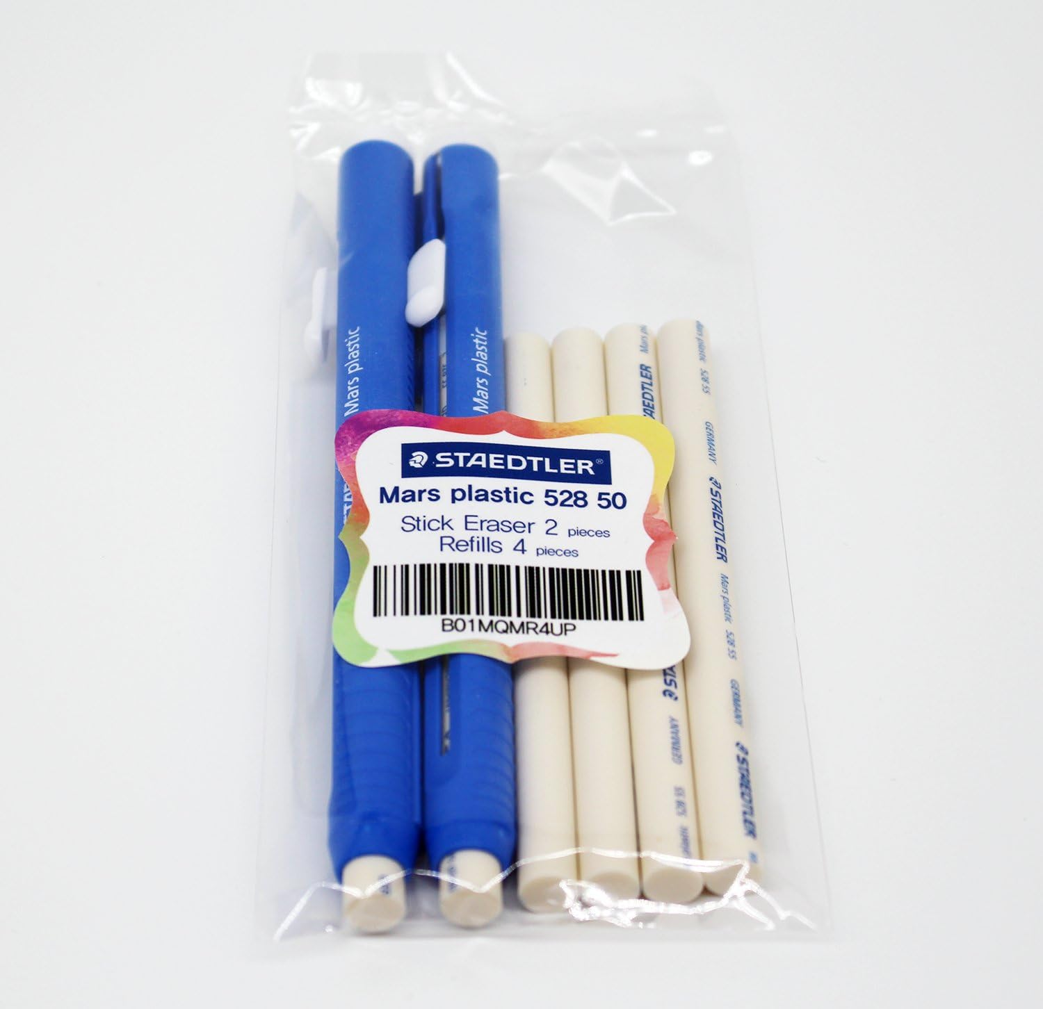 STAEDTLER Mars Plastic 528 50 Propelling Graphite Stick Eraser Set - 2 Pieces + 4 Refills / Solid Eraser With Little Residue / Length Adjustable Body / German Brand
