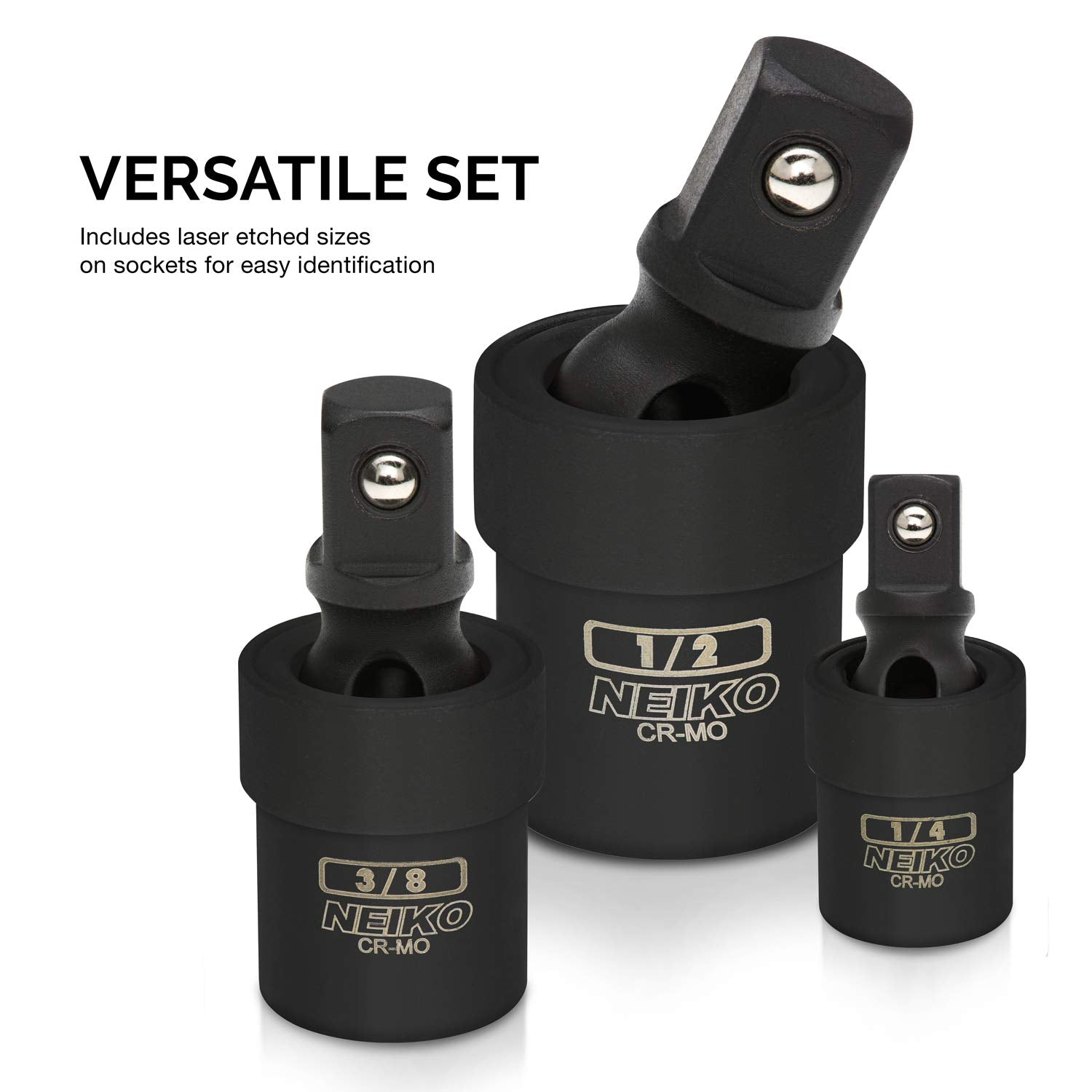 NEIKO 02486A Impact Universal Joint-Socket Swivel Set, Socket Extension Set Made from Cr-Mo with Included 1/4-, 3/8-, and 1/2-Inch Sockets, Set of 3
