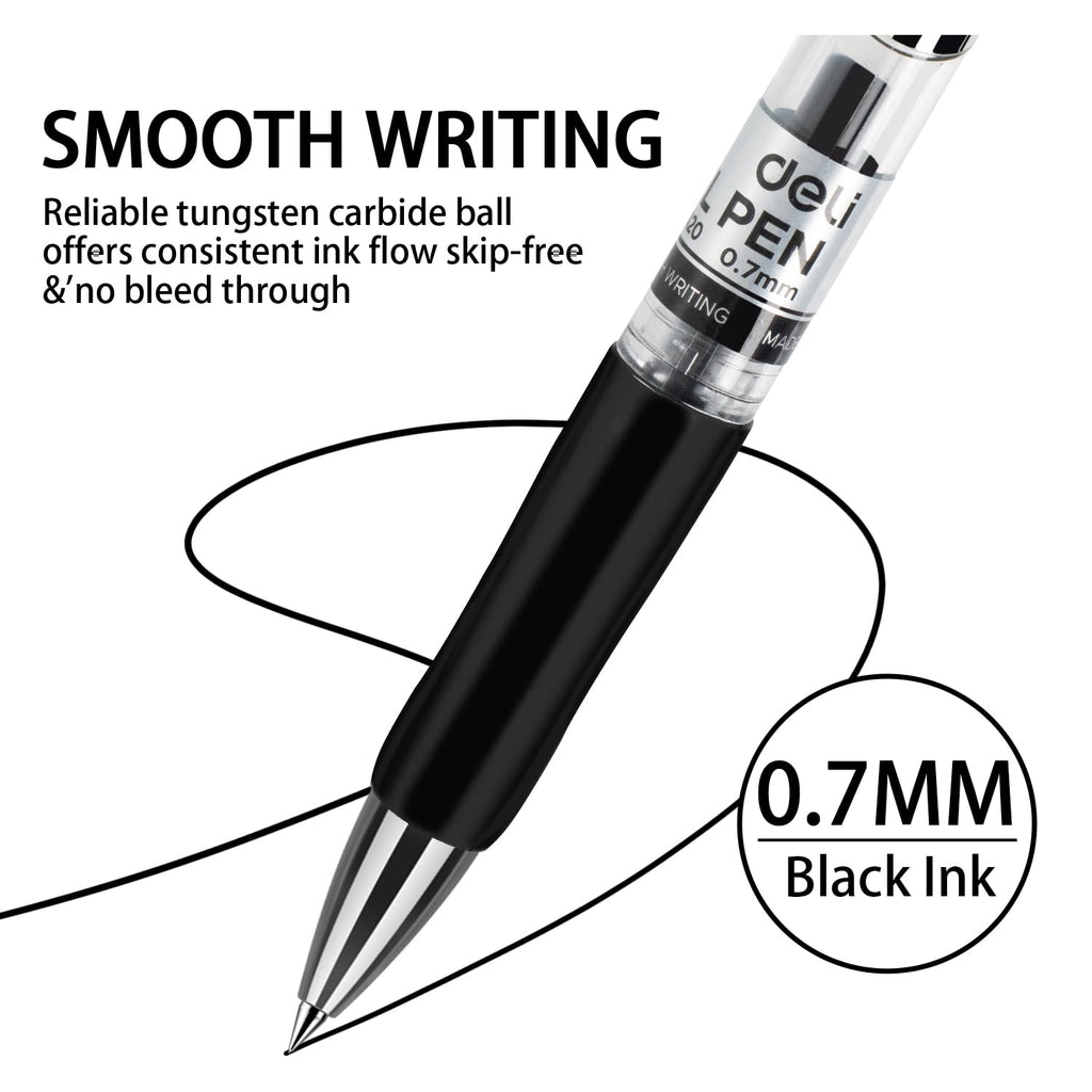 Deli Gel Pens, 50 Pcs Retractable Pens Black Ink, Medium Point Pen 0.7mm, Smooth Writing, Fast Dry, No Bleed for Journaling Note Taking, Home School Office Supplies