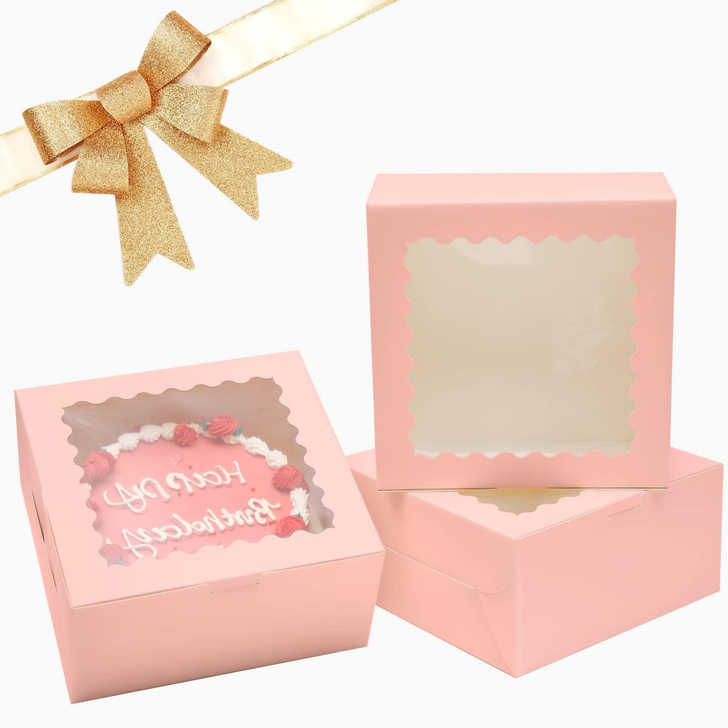 qiqee 8x8x5 Cake Box, 18 Sets Pink Cake Box with Window ＆ 18 Sets 8" Pink Cake Round Boards, 8inch Cake Containers