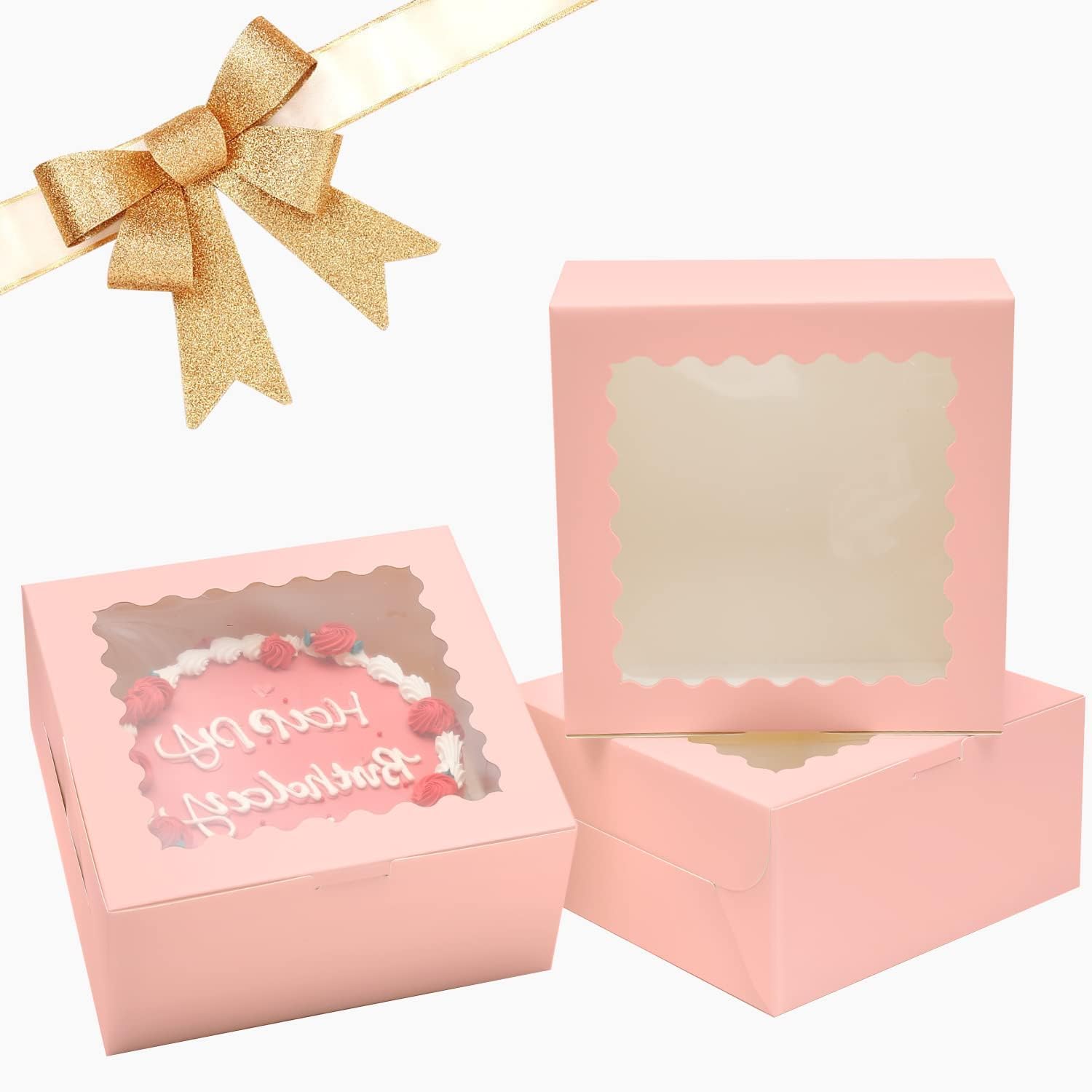 qiqee 8x8x5 Cake Box, 18 Sets Pink Cake Box with Window ＆ 18 Sets 8" Pink Cake Round Boards, 8inch Cake Containers