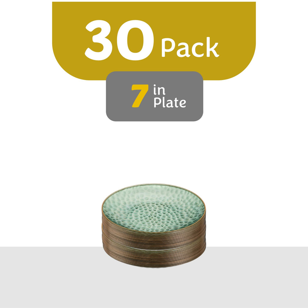 PLASTICPRO 30 Pack Hammered Plastic Plates Heavyweight Disposable Plastic Plates Elegant Clear Hammered Rim Platsic Party Dishes (Hamered Green With Gold Rim, 7'' INCH PLATES)