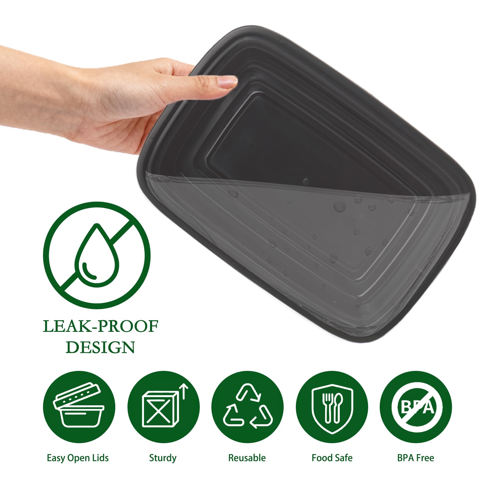 Meallax 50 Pack Black Food Containers with Lids, 38 oz Large Plastic Take Out Containers, Reusable Meal Prep Containers for Food Storage,Disposable Containers for Lunch and Restaurant