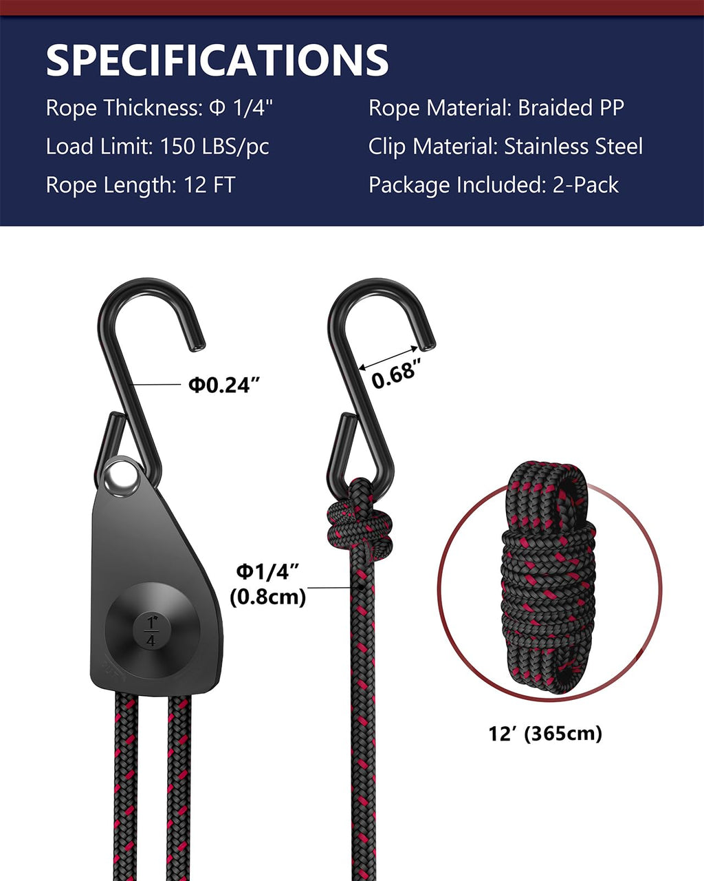 VIPARSPECTRA Ratchet Tie Down Straps, 1/4" Adjustable Rope Hangers [2 Pack, 12FT, 150 lbs/Pack], Heavy Duty Rope Pulley System with Hooks for Garage Cargo Trucks Tents Grow Lights Various Lashing