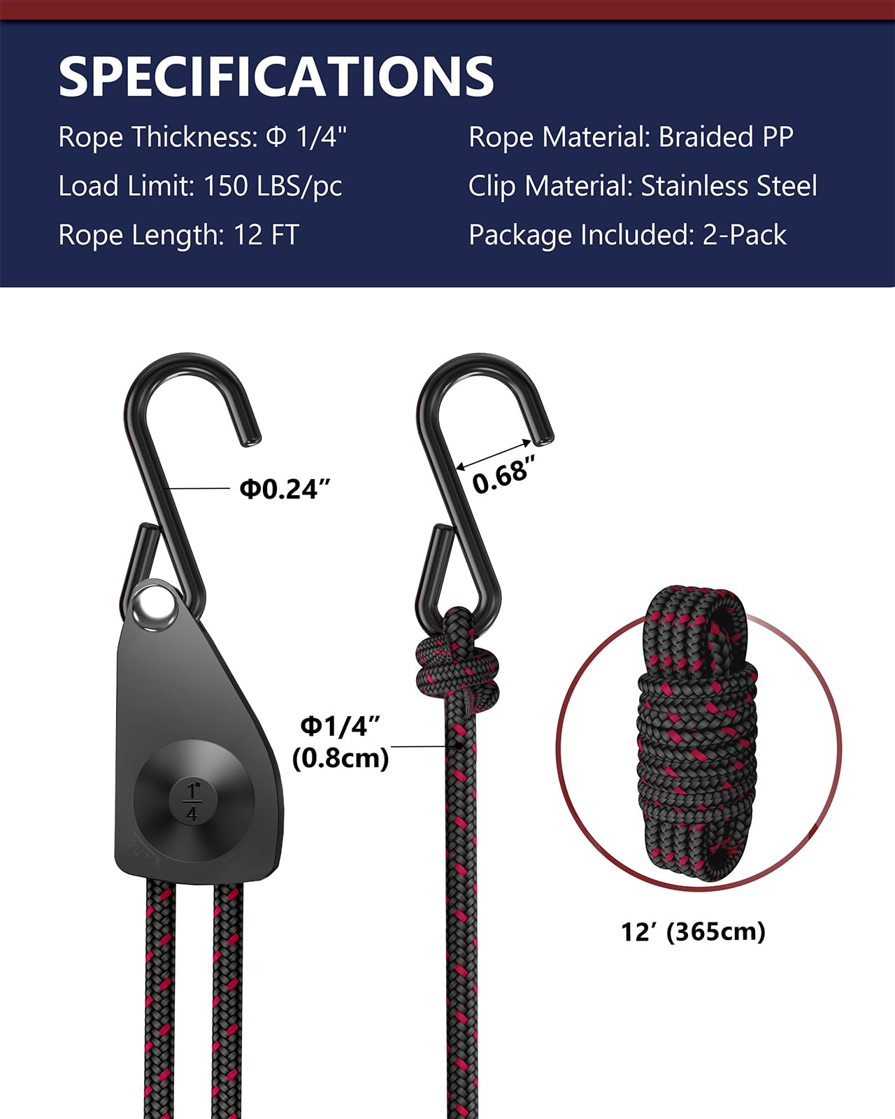 VIPARSPECTRA Ratchet Tie Down Straps, 1/4" Adjustable Rope Hangers [2 Pack, 12FT, 150 lbs/Pack], Heavy Duty Rope Pulley System with Hooks for Garage Cargo Trucks Tents Grow Lights Various Lashing