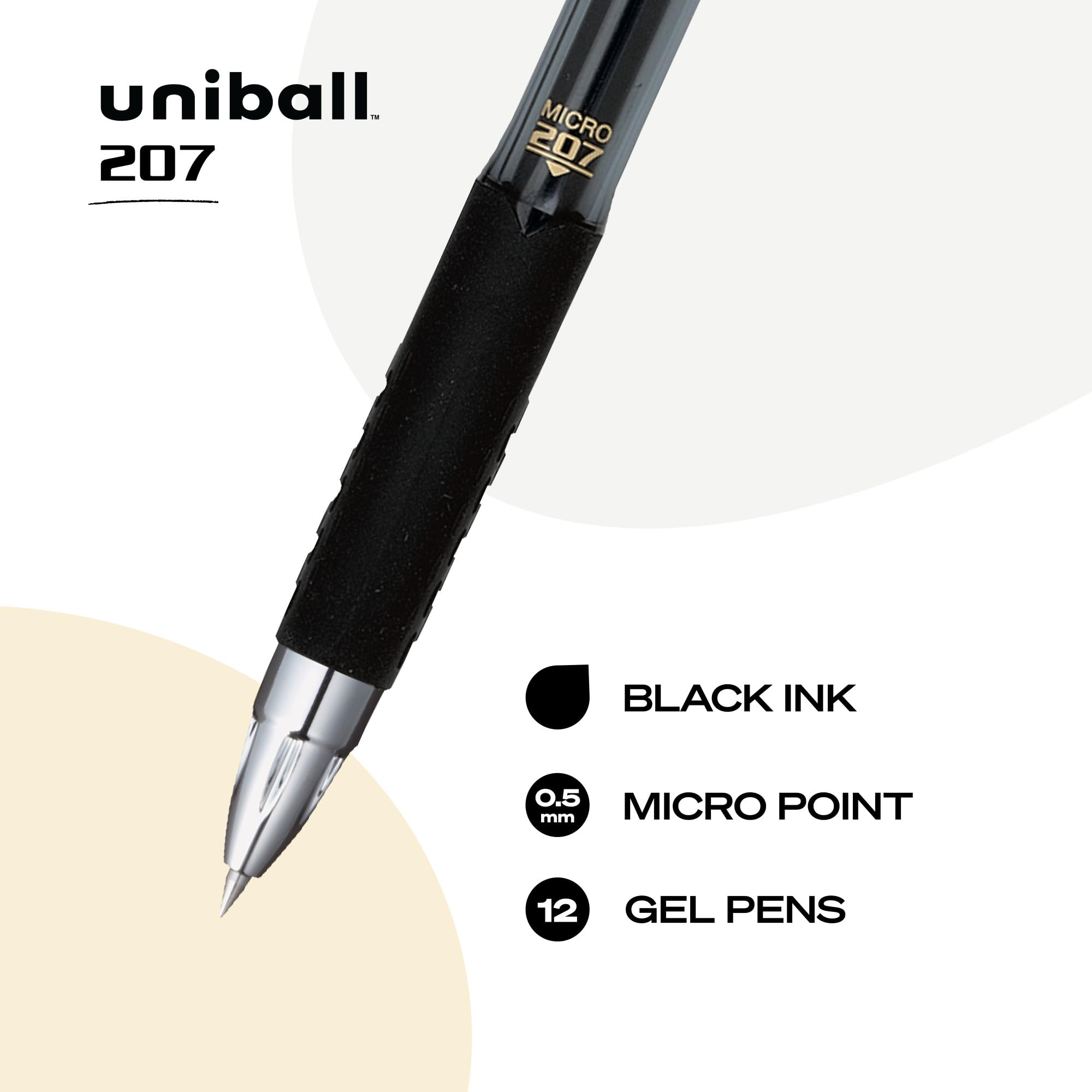 uni-ball 207 Rollerball Gel, Gel Retractable Roller Ball Pen Micro-0.5mm, 12 Pack, Black Ink (1937936)