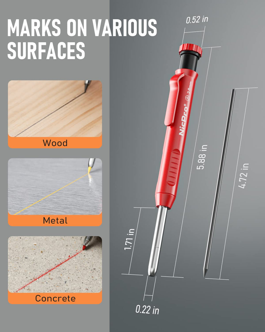 Nicpro 3 Pack Carpenter Pencil with Sharpener & Cap, Mechanical Carpenter Pencils with 39 Refills (Red, Black, Yellow), Deep Hole Marker Construction Heavy Duty Woodworking Pencils - With Case