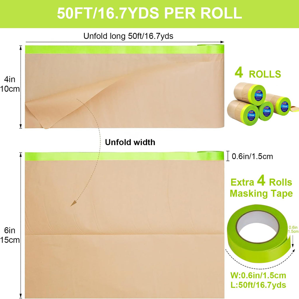 InnoStars Pre-Taped Masking Paper for Painting - 4 Rolls 6 Inch x 50 Feet Tape and Drape Painters Paper, Paint Adhesive Protective Paper Roll for Covering Skirting, Frames, Cars and Auto Body