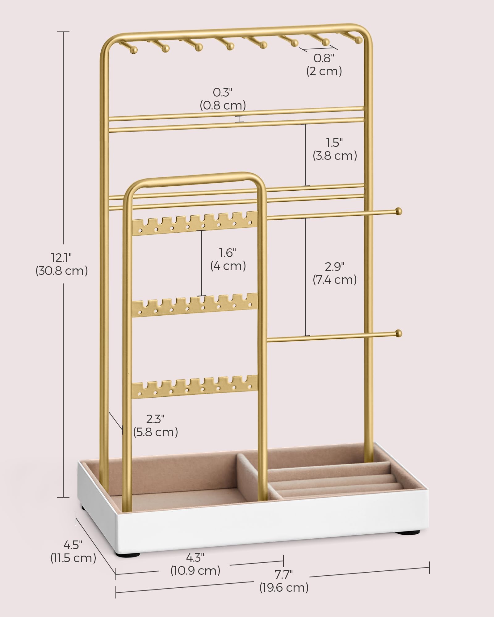 SONGMICS Jewelry Holder, Jewelry Organizer, Jewelry Display Stand with Metal Frame, Pale Gold UJJS021A01