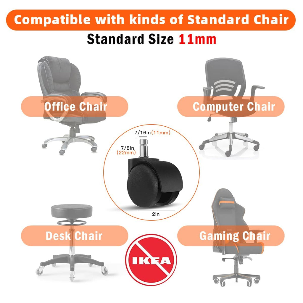 Office Chair Wheels - 2 Inch Chair Caster Wheel Set of 5, Heavy Duty Chair Wheel Replacement Supports 1000 lbs, No Noise, Suitable for Hardwood Floors and Carpets (Black)
