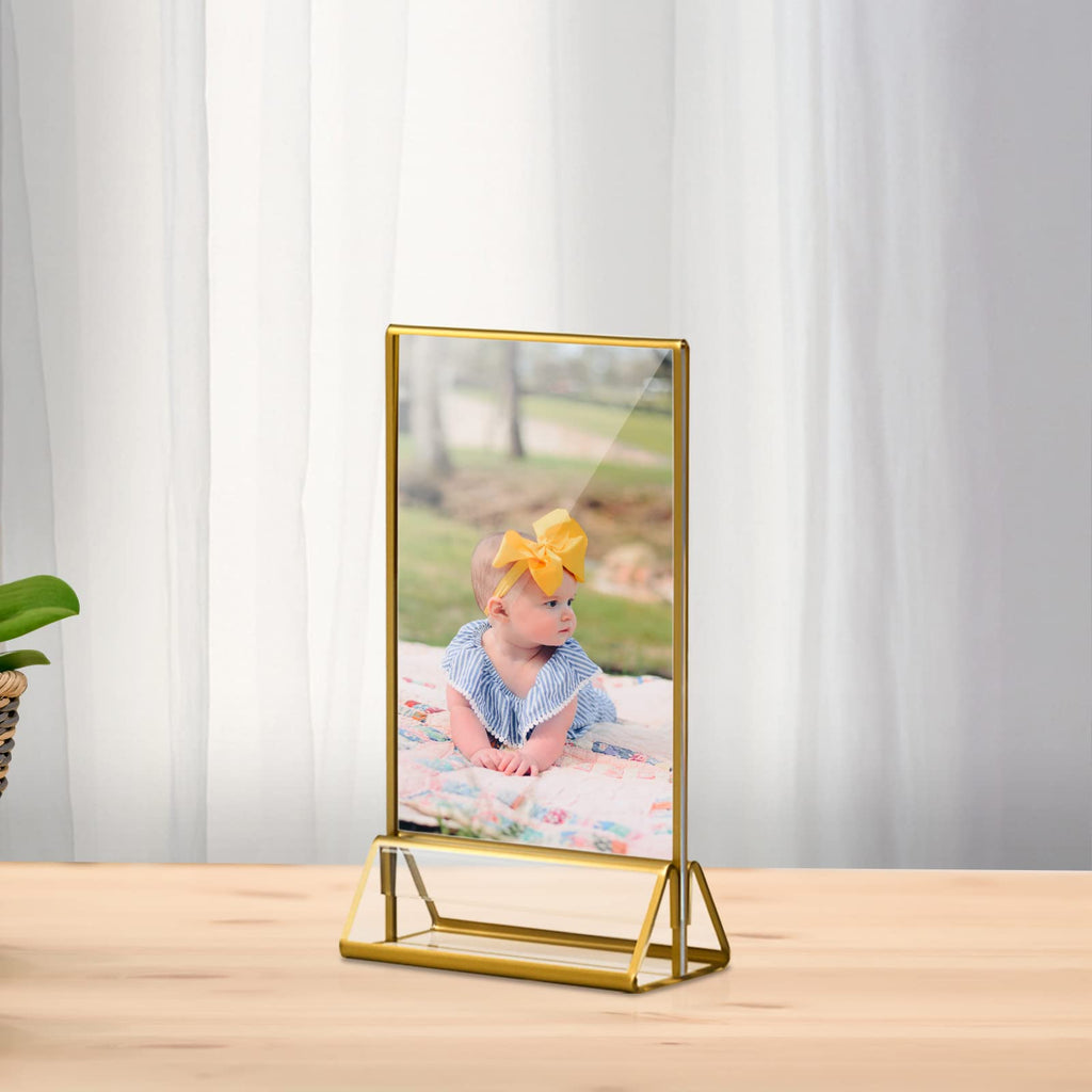 Acrylic Gold Sign Holders, 4x6 Vertical Clear Picture Frames with Gold Borders, Double Sided Table Menu Display Stand for Restaurant Signs, Wedding Table Numbers, Photos and Art Display - 6 Pack