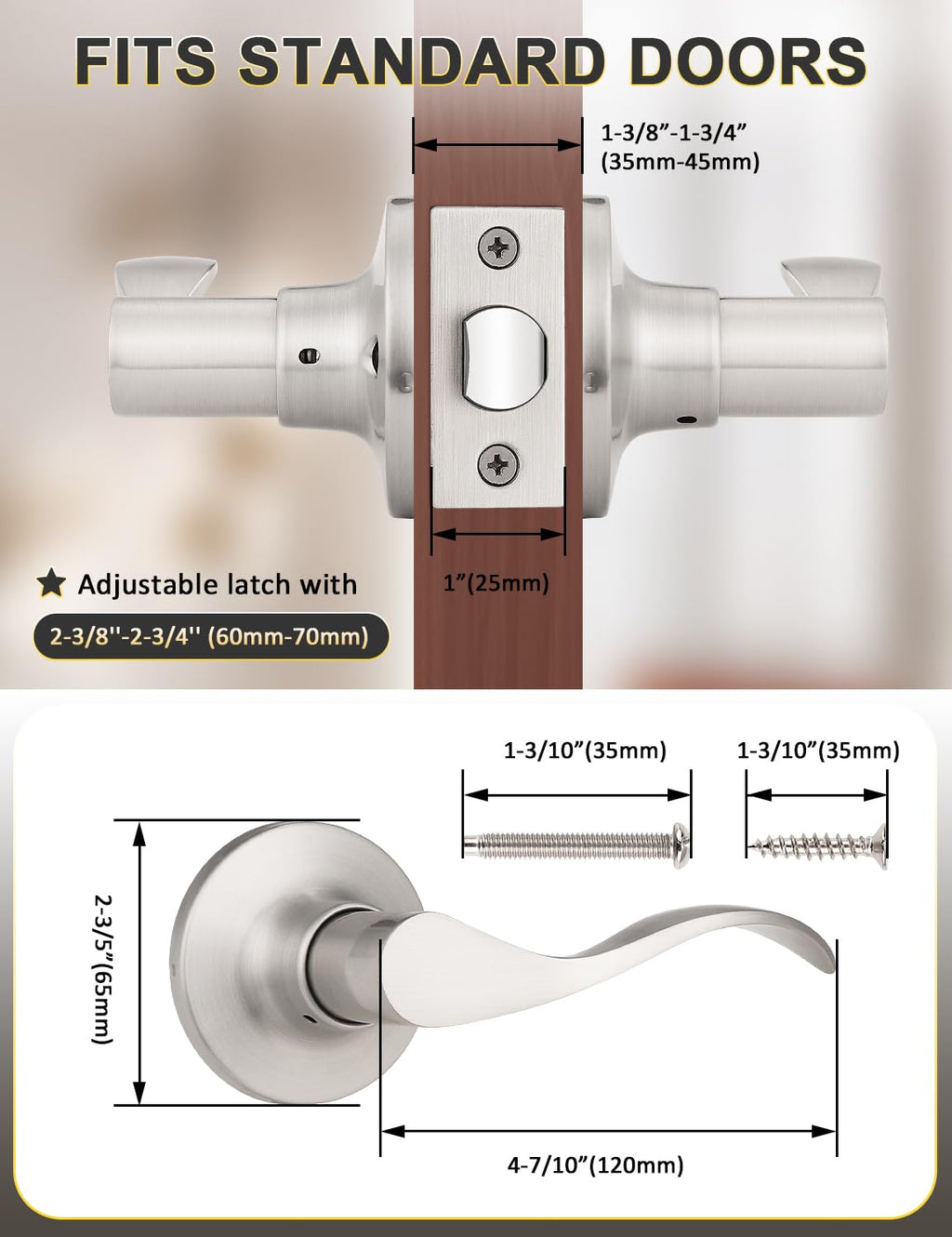 Mengico 1 Pack Satin Nickel Interior Passage Door Knobs, Keyless Door Handle for Hallway & Closet, Wave Style Non-Locking Door Lever Reversible for Left & Right Handed