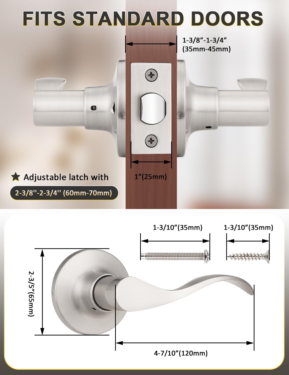 Mengico 1 Pack Satin Nickel Interior Passage Door Knobs, Keyless Door Handle for Hallway & Closet, Wave Style Non-Locking Door Lever Reversible for Left & Right Handed