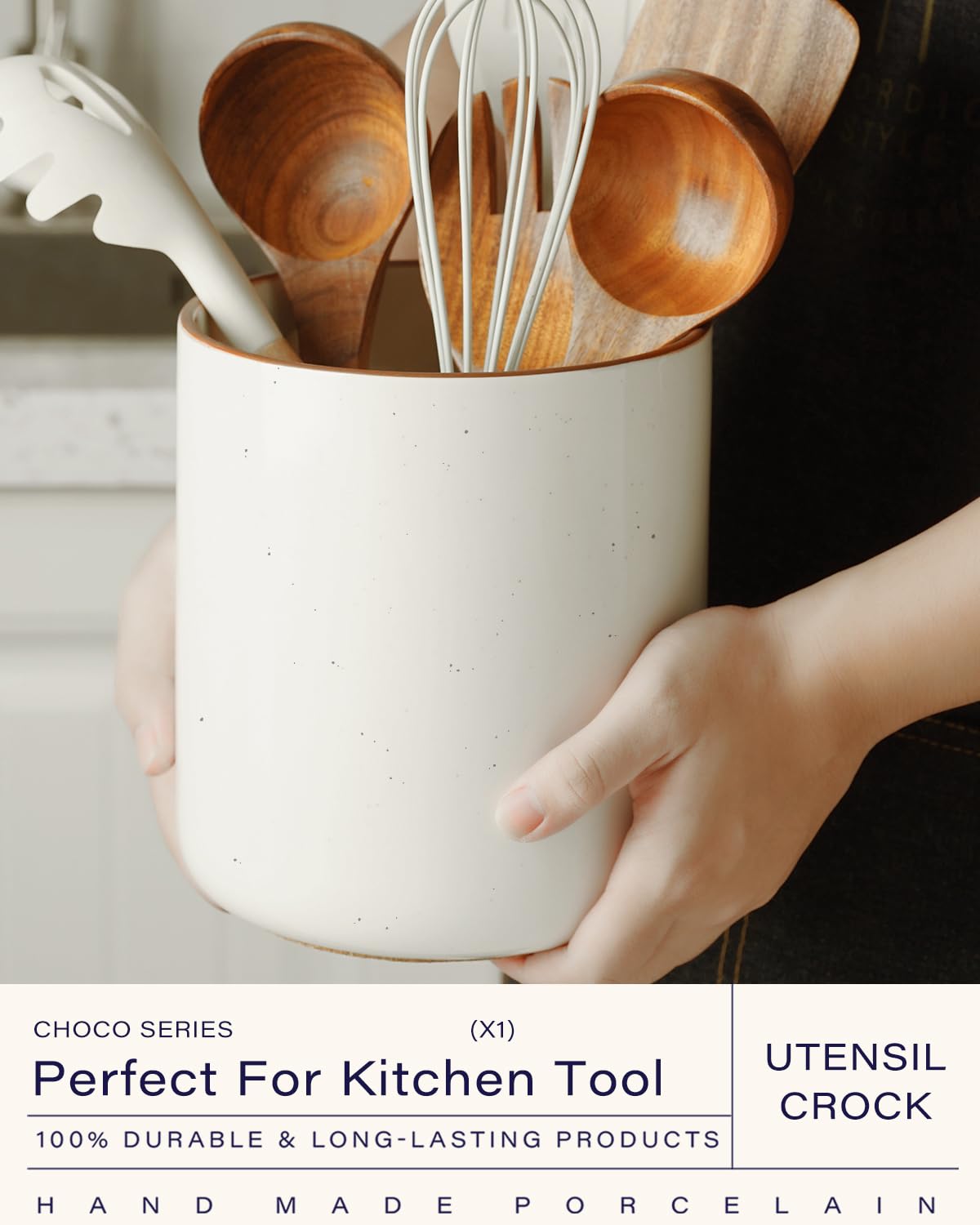 getstar Kitchen Utensil Holder, Large Ceramic Cooking Utensil Holder (H7.2” x W6.2”) for Kitchen Counter with Cork Mat at Bottom