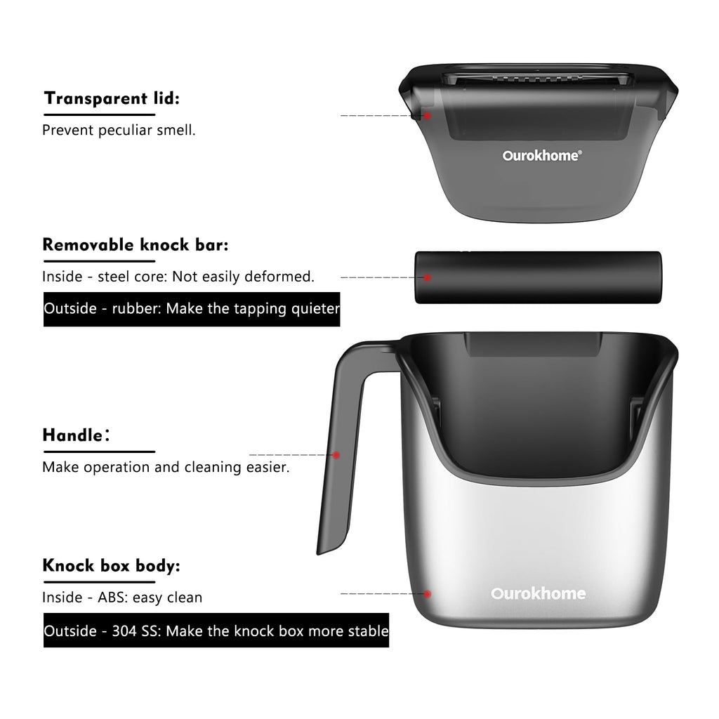 Ourokhome Knock Box Espresso Accessories, The Latest Patented Stainless Steel Espresso Machine Tool for Coffee Ground with Removable Knock Bar, Handle and Lid, Dishwasher safe, 4.8 inch