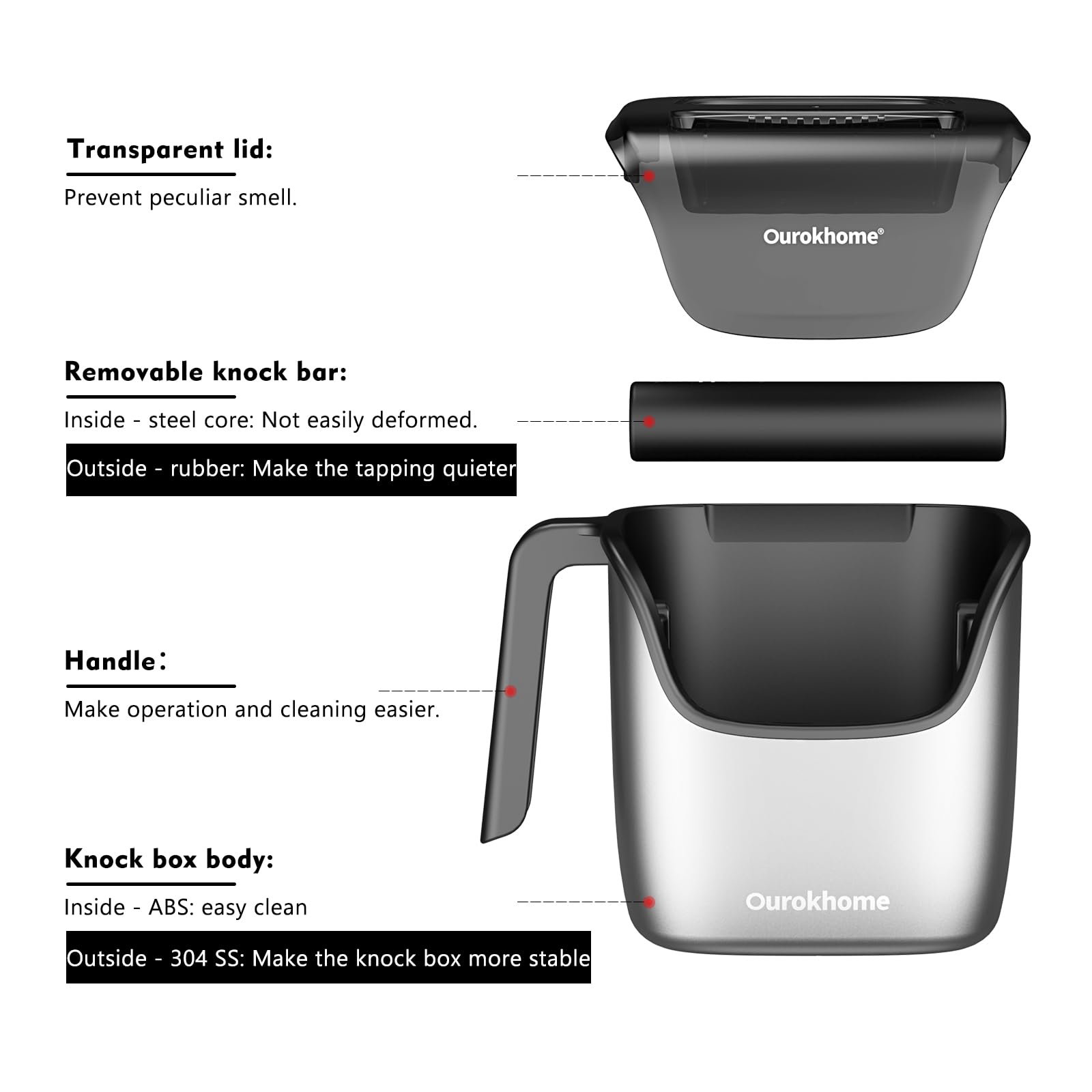 Ourokhome Knock Box Espresso Accessories, The Latest Patented Stainless Steel Espresso Machine Tool for Coffee Ground with Removable Knock Bar, Handle and Lid, Dishwasher safe, 4.8 inch