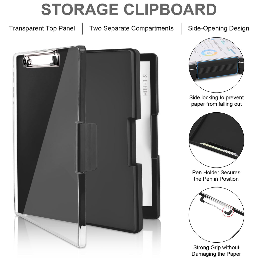 SFLHHDM Clipboard with Storage,Heavy Duty Clip Boards 8.5x11 with 2 Storage Case,Clear Visible Top Panel Storage Clip Board,Side Opening Board,Nursing Clipboards Folder Case for Office-Black