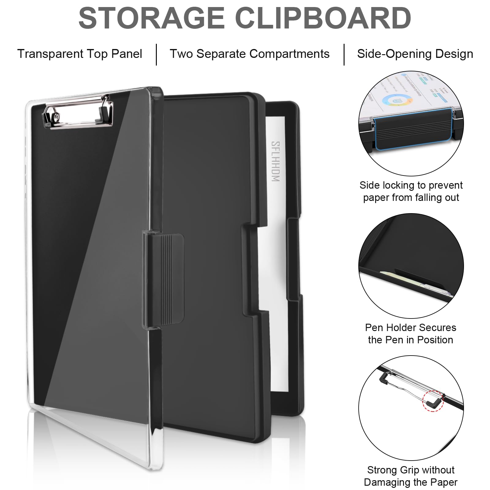 SFLHHDM Clipboard with Storage,Heavy Duty Clip Boards 8.5x11 with 2 Storage Case,Clear Visible Top Panel Storage Clip Board,Side Opening Board,Nursing Clipboards Folder Case for Office-Black