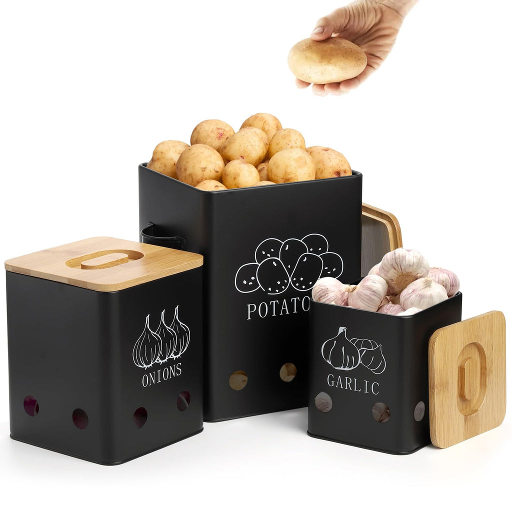 WUWEOT 3 Pack Vegetable Storage Tins, Potato Onion Garlic Storage Canister, Black Metal Vegetable Fresh Keeper Caddy, Kitchen Pantry Organizer Jars with Bamboo Lid and Aerating Holes