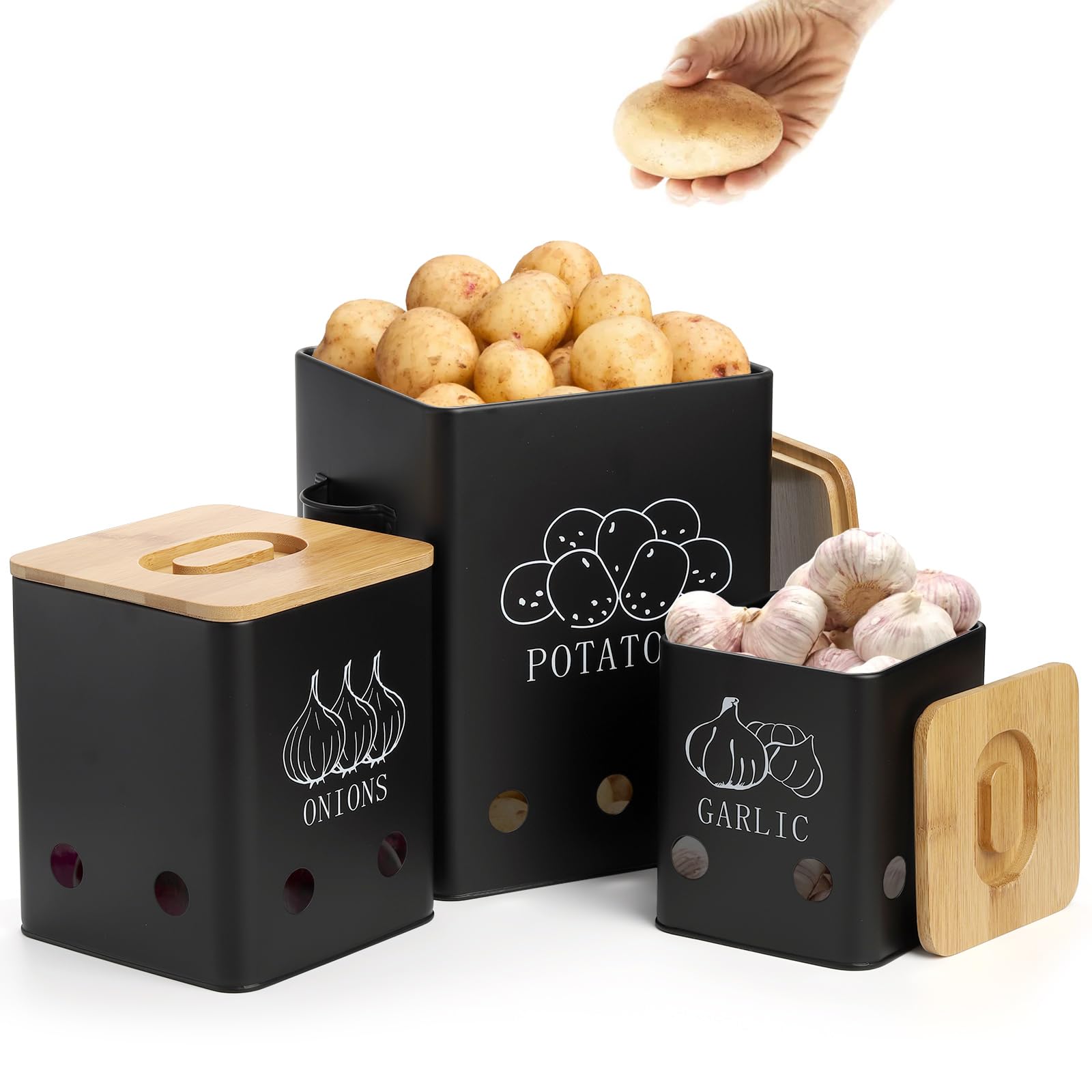WUWEOT 3 Pack Vegetable Storage Tins, Potato Onion Garlic Storage Canister, Black Metal Vegetable Fresh Keeper Caddy, Kitchen Pantry Organizer Jars with Bamboo Lid and Aerating Holes