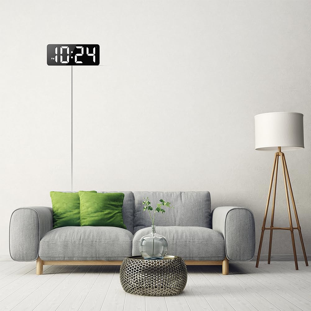 LED Digital Wall Clock with Large Display, Big Digits, Auto-Brightness, 12/24Hr Format, Modern Electric Small Silent Wall Clock for Living Room, Bedroom, Classroom, Farmhouse, Kitchen, Office - White