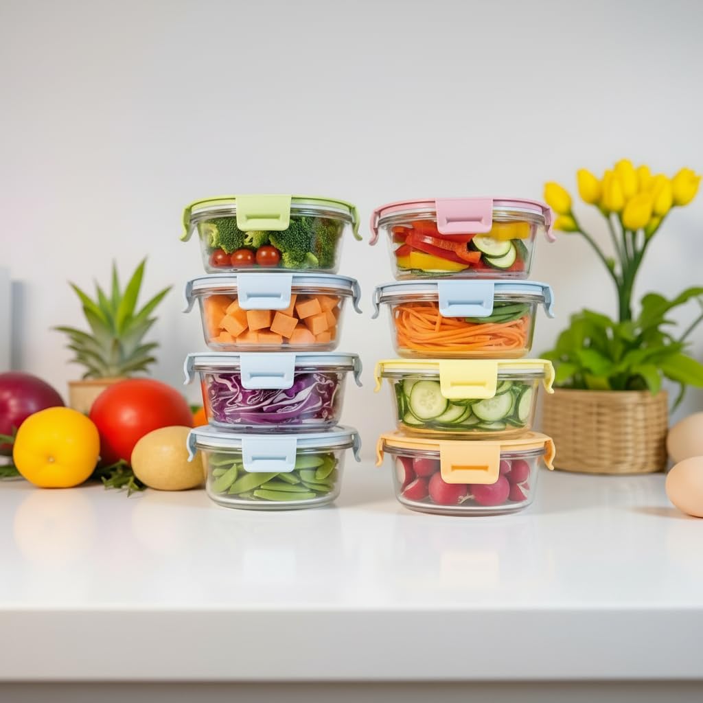 B.GUBOBOYA 4 Pack Round Glass Food Storage Containers With Lids, 1.5 Cup Round Soup Containers BPA-Free, Small Glass Food Containers for yogurt, work, Leftover and Microwave, Dishwasher, Freezer Safe