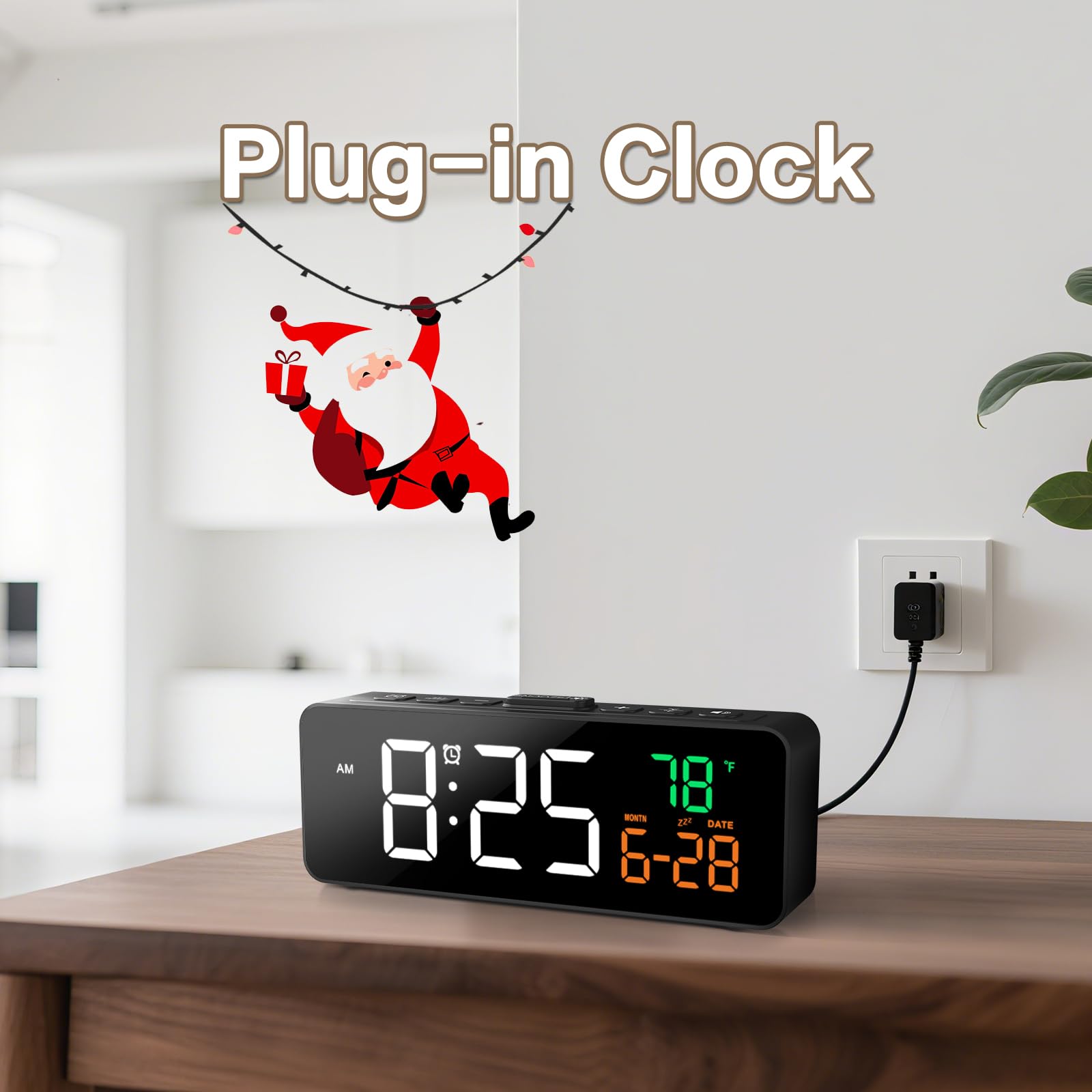 Netzu 3-in-1 Digital Clocks for Living Room with Temperature, Date & Time Display - 4 Levels Birghtness, 3 Volumes, Small Plug-in Alarm Clock for Bedroom, Office (Black)