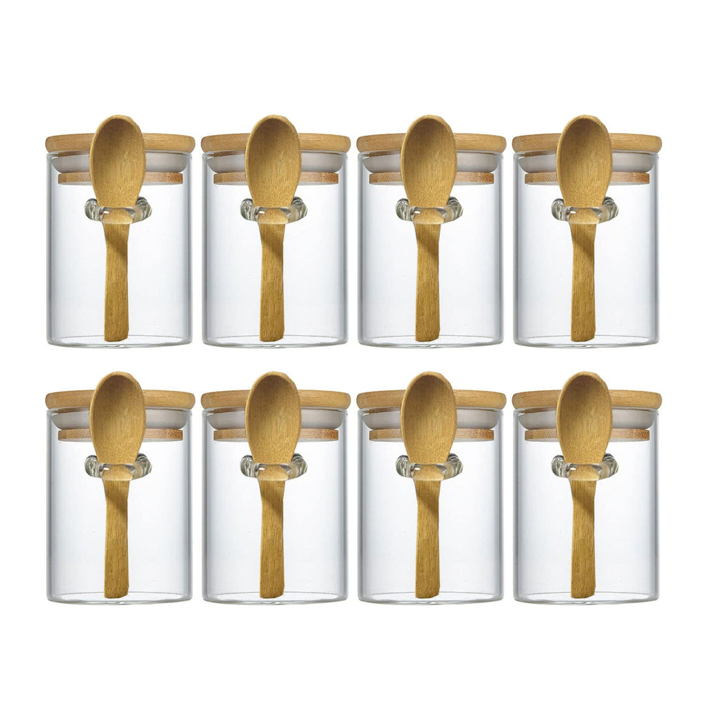 Livejun 7.6 oz Airtight Mini Glass Jars with Bamboo Lids and Bamboo Spoons, Spice Jars Small Food Storage Containers for Kitchen, Bathroom, Home Decor Set of 8