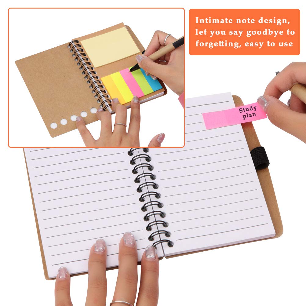 6PCS Lined Spiral Notebook Kraft Paper Cover Notepad with Pen in Holder, Memo Notebook with Sticky Notes Colored Index Tabs Notebook Pen Tab for Adult, Kids, Home, Office, School