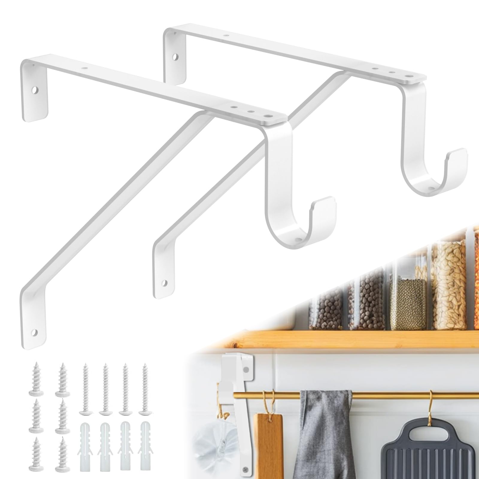 Closet Shelf and Rod Bracket, Heavy Duty Adjustable Closet Rod Bracket with Shelf Holder - White Closet Rod Support & Shelf Brackets for Storage (White Adjustable, Count, 2)