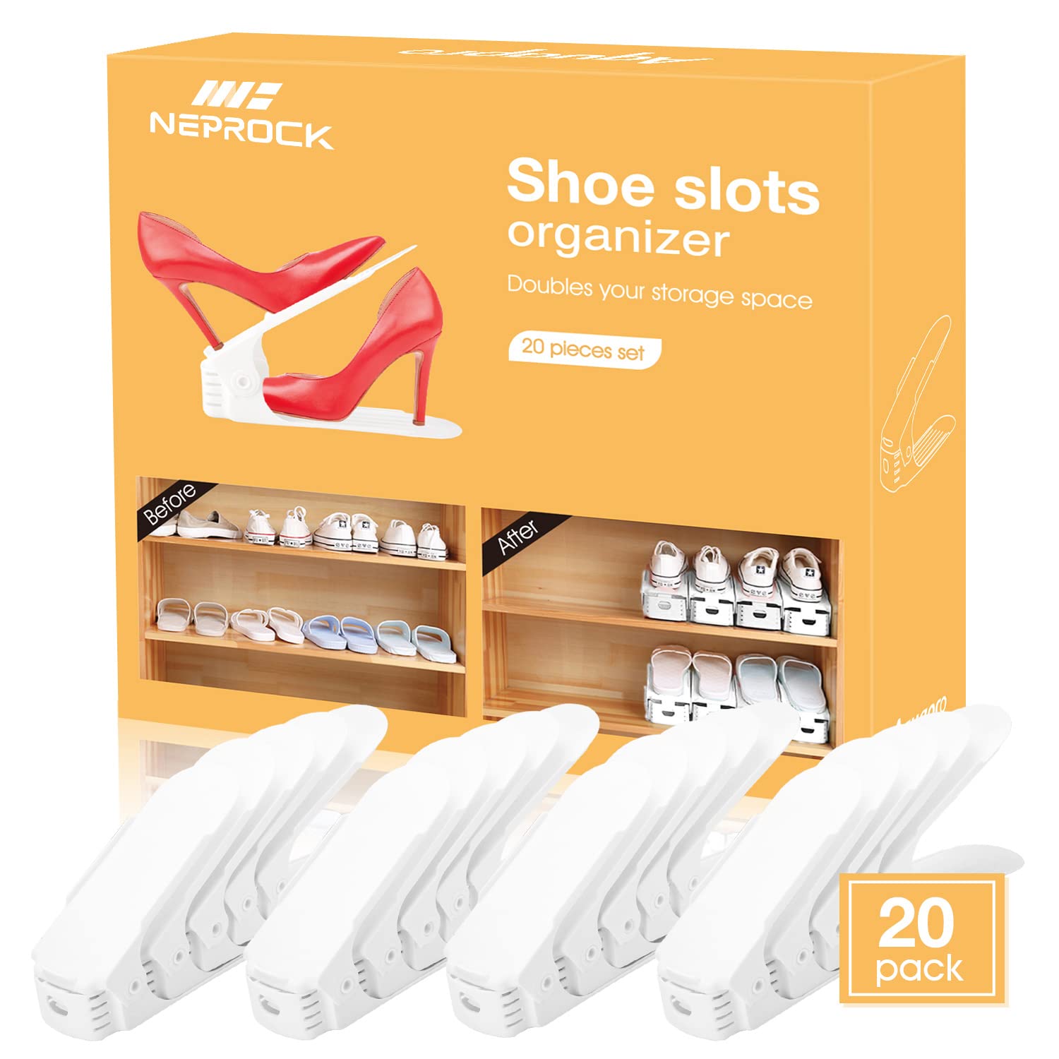 Shoe Slots Organizer 20 Pack, Adjustable Shoe Storage Organizer Shoe Stand Space Saver, Shoe Organizer for Closet Double Deck Shoe Rack Holder, Rangement Chaussures (White)