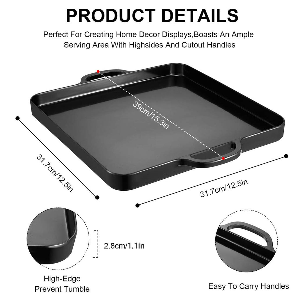 HSDT Black Melamine Serving Tray with Handles 15.3"x12.6" Square Flat Spillproof Tray Set of 2