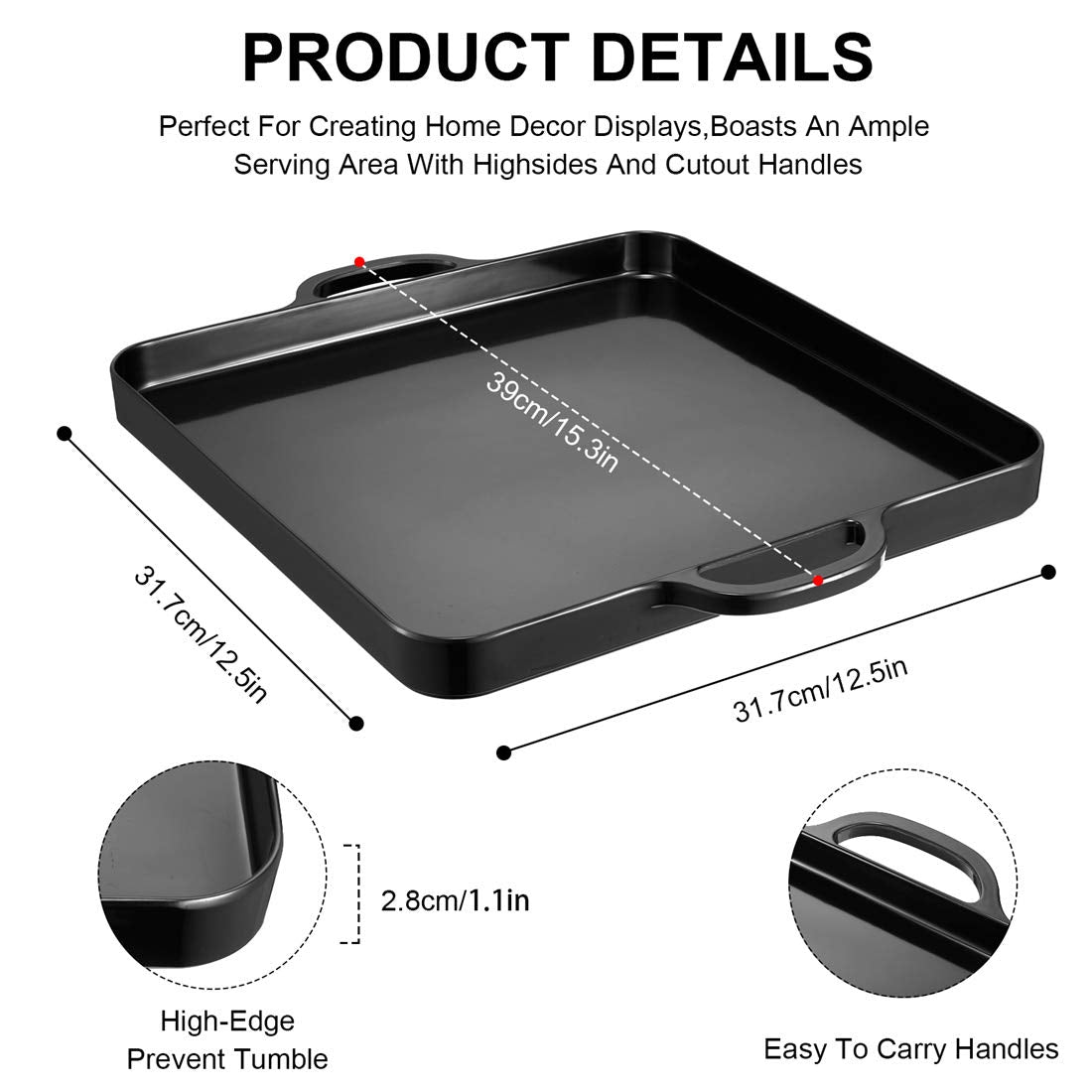 HSDT Black Melamine Serving Tray with Handles 15.3"x12.6" Square Flat Spillproof Tray Set of 2
