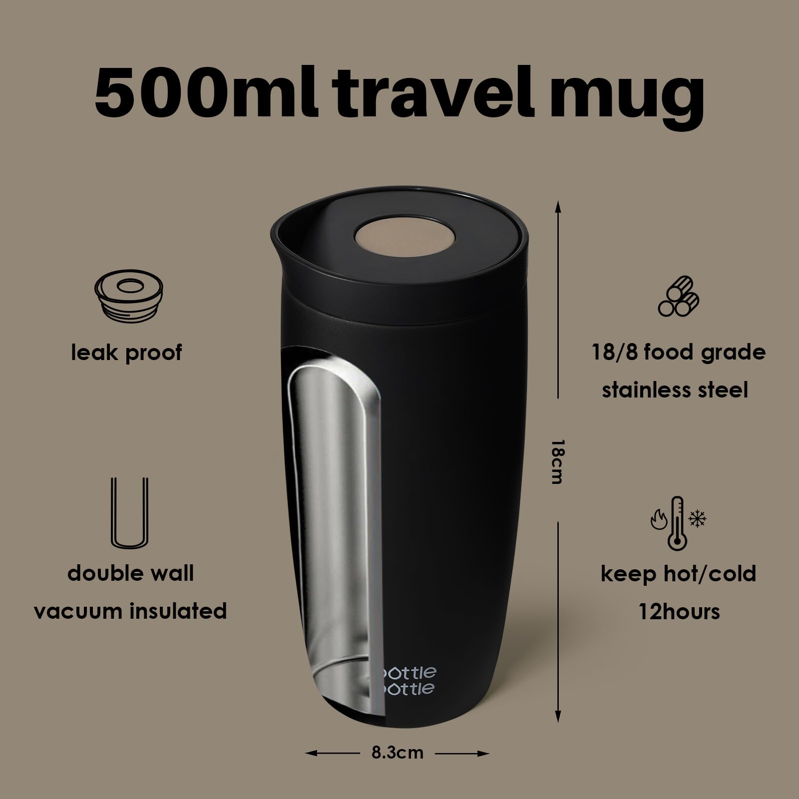 Bottle Bottle Insulated Travel Mug 500ml Stainless Steel Office Coffee Cup with Push Button Lid Keeps Cold and Hot for 8 Hours (Black)