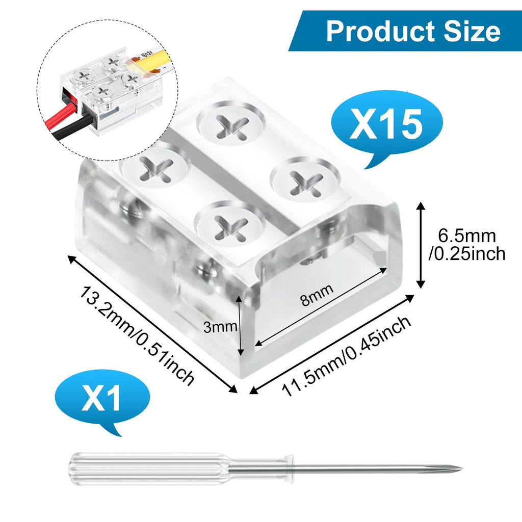RGBZONE 15 PCS 2-pin 8mm LED Connectors Transparent Gapless Solderless LED Strip to Wire Connector with Screwdriver for 12V 24V COB/SMD Single Color LED Light Strips